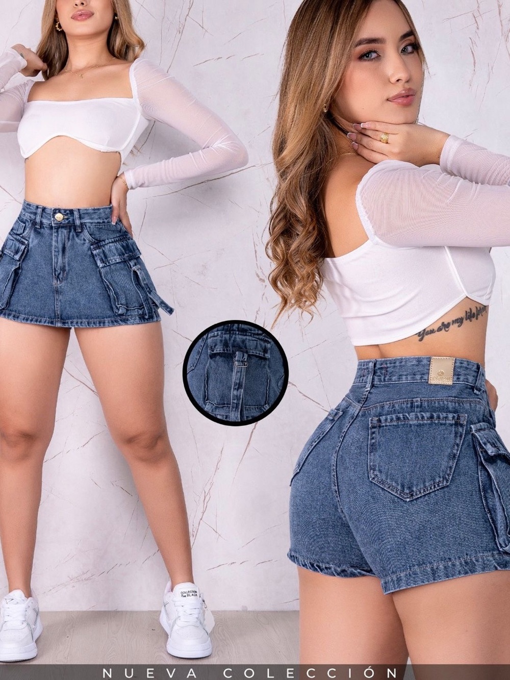 High-Rise Denim Cargo Skort Shorts - Blue